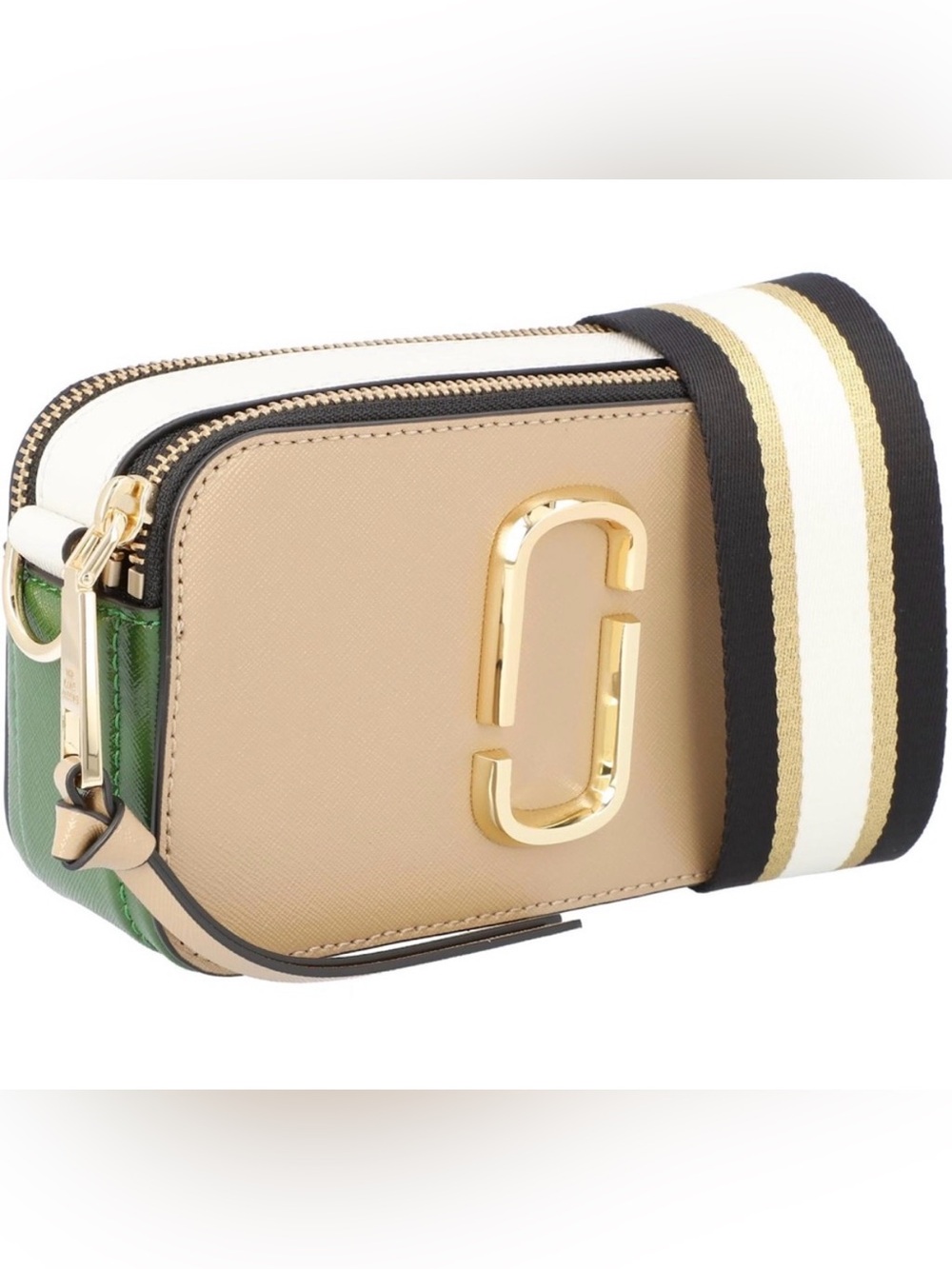 Marc Jacobs Beige and Green Leather Snapshot Crossbody with Striped Strap